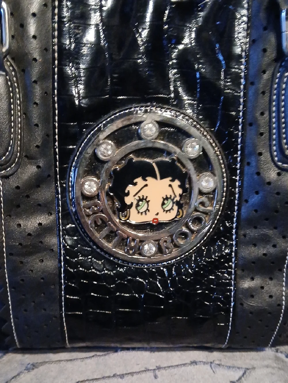 Betty Boop Black Patent Tote with Enamel Character Medallion - Picture 1 of 4